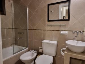 a bathroom with a toilet and a sink and a mirror at Marfil in Posadas