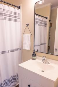 a bathroom with a sink and a shower curtain at Adorable 2-bedroom bungalow near Easton, Denton in Denton