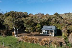 une maison verte au milieu d'une forêt dans l'établissement Mohua Park - Catlins Eco Accommodation, à Owaka