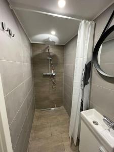 a bathroom with a shower and a sink at Studio situé aux abords de la forêt avec parking in Differdange