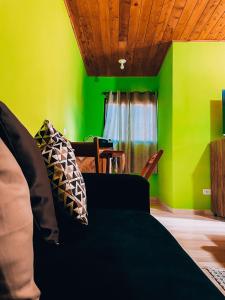 a living room with green walls and a couch at Recanto do Loriano in Monte Verde