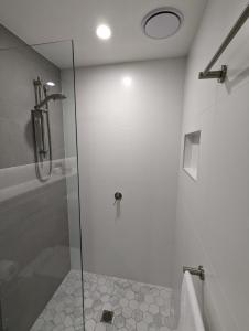 a bathroom with a shower with a glass door at Newcastle Harbourside Terraces in Newcastle