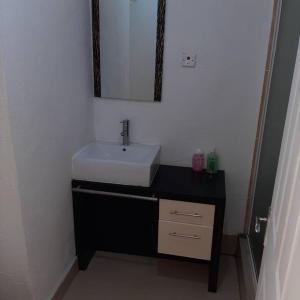 a bathroom with a white sink and a mirror at Ocean Drive Studio, next to the Beach in Grand Baie