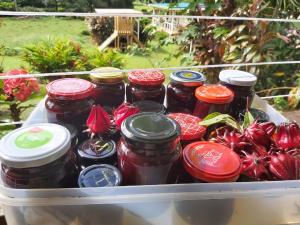 a refrigerator filled with jars of jam and red peppers at JO's Farmstay-charming holiday farm close to famous Muri Beach in Rarotonga