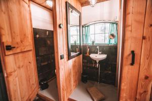 uma casa de banho com um lavatório e um espelho em CRASH'NSTAY - Paardenstal em Sprang-Capelle