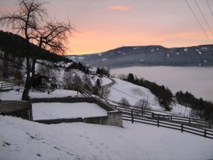 einen schneebedeckten Hügel mit einem Zaun und einem See in der Unterkunft Ferienwohnungen Bacherhof in Sankt Michael im Lungau