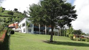 una casa su una collina con un albero in cortile di Hotel Familiar El Remanso Del Agua a Guatapé