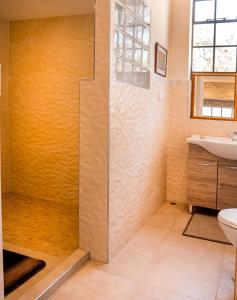 a bathroom with a shower and a sink at Nature on the HIll in Harare