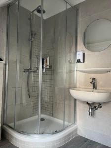 een badkamer met een douche en een wastafel bij Au Marolles chambre Atomium in Brussel