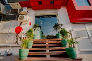 a building with green potted plants on the stairs at Hotel Mansarovar Palace in Jaipur