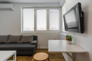 uma sala de estar com um sofá e uma televisão de ecrã plano em North Panoramic Apartment in the art district of Kapana em Plovdiv