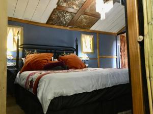 uma cama com almofadas laranja num quarto azul em The shack life em Rensburgdorp