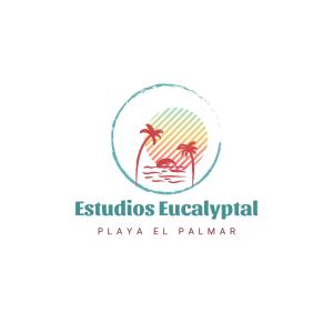 un logotipo para una isla con palmeras en círculo en Estudios Eucalyptal El Palmar a 100 m del mar, en El Palmar