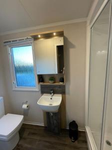 a bathroom with a sink and a toilet and a shower at PRESTIGE GOLF VILLAGE CARAVAN in Port Seton
