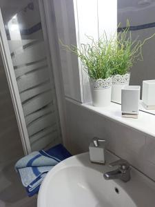 La salle de bains est pourvue d'un lavabo et de 2 plantes sur un rebord de fenêtre. dans l'établissement Vassilikos Apartment, à Flogita
