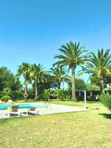 een zwembad met palmbomen in een park bij Complejo Colibri 8 in Cambrils