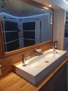 a bathroom with a white sink and a large mirror at spacieuse maison de ville avec espace détente in Rezé