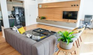 a living room with a couch and a tv at DeBlox living - Ibn Gabirol Apartments in Tel Aviv