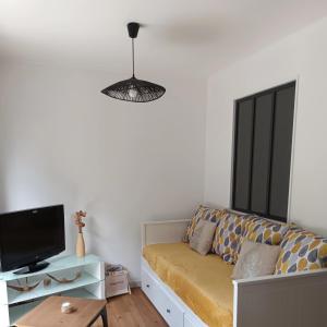 a living room with a couch and a tv at Les loges in Parthenay +7 photos