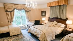 1 dormitorio con cama, ventana y lámpara de araña en Herbert House, en Killarney