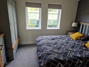 a bedroom with a bed and two windows at Maple 2 Bedroom Luxury Lodge in Mid Wales in Welshpool