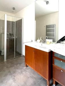 a bathroom with a sink and a shower at Doppelzimmer Gartenblick Villa Julian in Aurich