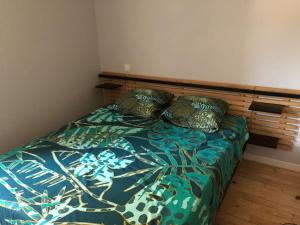 1 dormitorio con 1 cama con edredón y almohadas verdes en Gîte Loue, en Ornans