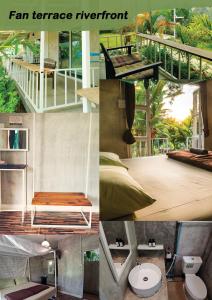 un collage de imágenes de una habitación con cama y aseo en Canary Guesthouse, en Pai