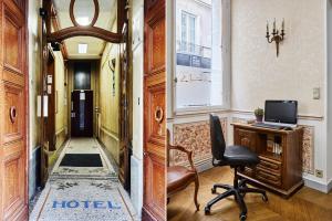 a hotel room with a desk and a chair in a hallway at Hôtel Tiquetonne in Paris