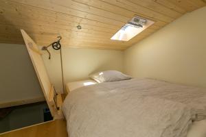 a bedroom with a bed and a skylight at Ferienhof- Eiderdeich Whg. 3 Edith in Delve