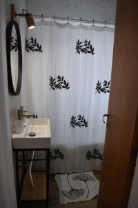 baño con cortina de ducha en blanco y negro en Roca blanca en Tandil