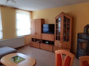 ein Wohnzimmer mit einem TV und einem Schrank in der Unterkunft Ferienwohnung Karlguth in Neustadt in Sachsen