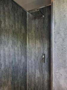 uma casa de banho com um chuveiro e uma parede de betão em Stunning 1 Bedroom Lodge em Welshpool