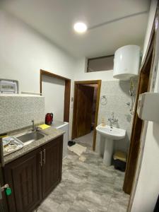 uma casa de banho com um lavatório, um WC e um lavatório. em Omar Apartment em Wadi Musa