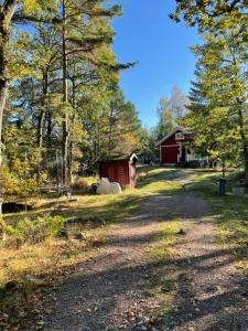 a dirt road leading to a red barn and trees at Charmigt hus på Vindö in Stockholm