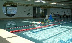 a swimming pool with a row of swim lanes at Swiss Paradise Weggis in Weggis