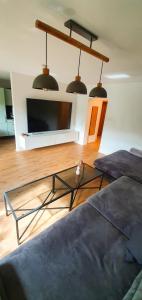 a living room with a tv and a glass table at MOREHOME-Apartments in Mindelheim
