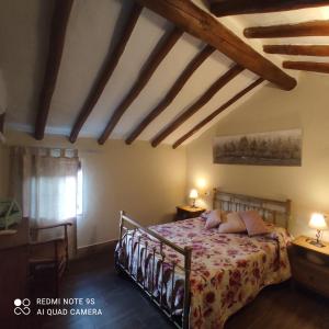 1 dormitorio con 1 cama en una habitación con techos de madera en La Casa De La Abuela, en Setenil