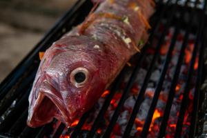 ein Fisch auf einem Grill mit offenem Mund in der Unterkunft CoCo Tree House @ Kima Zanzibar, Unique stay in Bwejuu