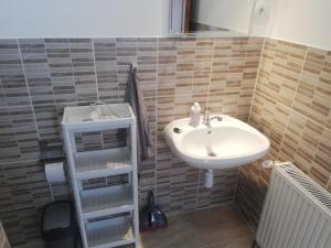 y baño con lavabo, espejo y lavabo. en Total Relax Apartmanház, en Bogács