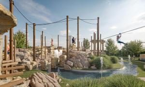 a rendering of a water park with people jumping in the air at City of Dreams Mediterranean - Integrated Resort, Casino & Entertainment in Limassol