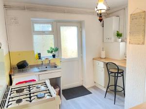 a small kitchen with a stove and a sink at Two Double Bedroom Maisonette with rear garden. 