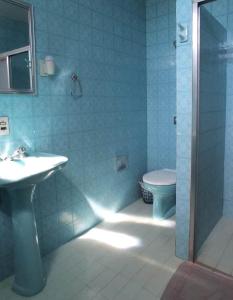 La salle de bains bleue est pourvue d'un lavabo et de toilettes. dans l'établissement Casa do Juá 2, à Lavras