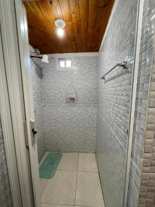a bathroom with a walk in shower with white tiles at Casa del Río in Puerto Iguazú