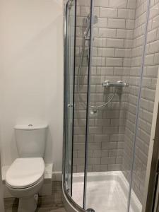 La salle de bains est pourvue de toilettes et d'une douche en verre. dans l'établissement Alto - Lovely 2 Bedroom Serviced Apartment Bristol by Mint Stays, à Bristol