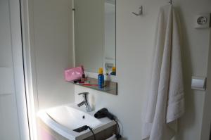 y baño con lavabo y espejo. en Happy Camp mobile homes in Villaggio Turistico Internazionale Eden, en San Felice del Benaco
