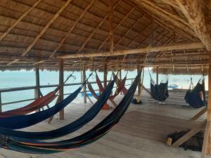 a group of hammocks hanging from a straw roof at Estrella de mar in Cabo de la Vela