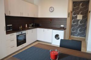 a kitchen with white cabinets and a washer and dryer at Atrium Apartments in Brno