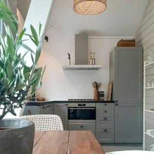 a kitchen with a table and a stove and a refrigerator at Casa Pueblo Viejo in Ouddorp +16 photos