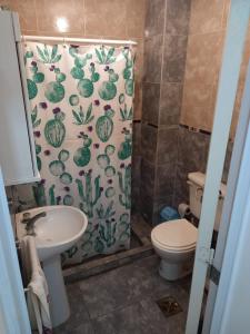 uma casa de banho com uma cortina de chuveiro, um WC e um lavatório. em DUPLEX SIRIRIES em Oro Verde